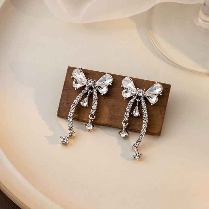 Elegant Silver Needle Crystal Bowknot Tassel Rhinestone Drop Earrings For Women Luxury Zircon Dangle Earrings