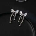 Elegant Silver Needle Crystal Bowknot Tassel Rhinestone Drop Earrings For Women Luxury Zircon Dangle Earrings view 2