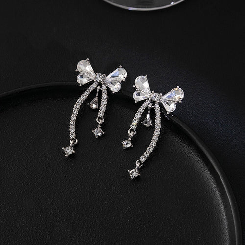 Elegant Silver Needle Crystal Bowknot Tassel Rhinestone Drop Earrings For Women Luxury Zircon Dangle Earrings