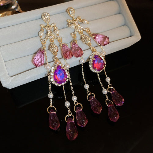 Chic Geometric Artificial Crystal Tassel Drop Earrings With Rhinestone Silver-Tone Posts For Women