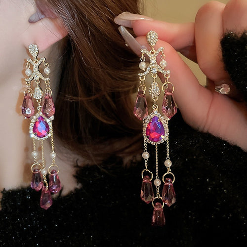 Chic Geometric Artificial Crystal Tassel Drop Earrings With Rhinestone Silver-Tone Posts For Women
