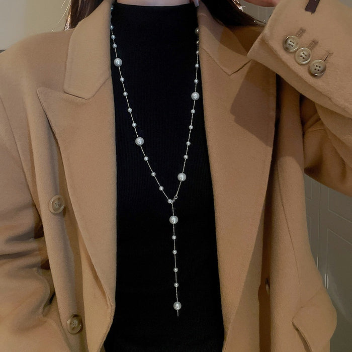 Real Gold Plated Irregular Faux Pearl Tassel Sweater Necklace Long Geometric Luxury Chain