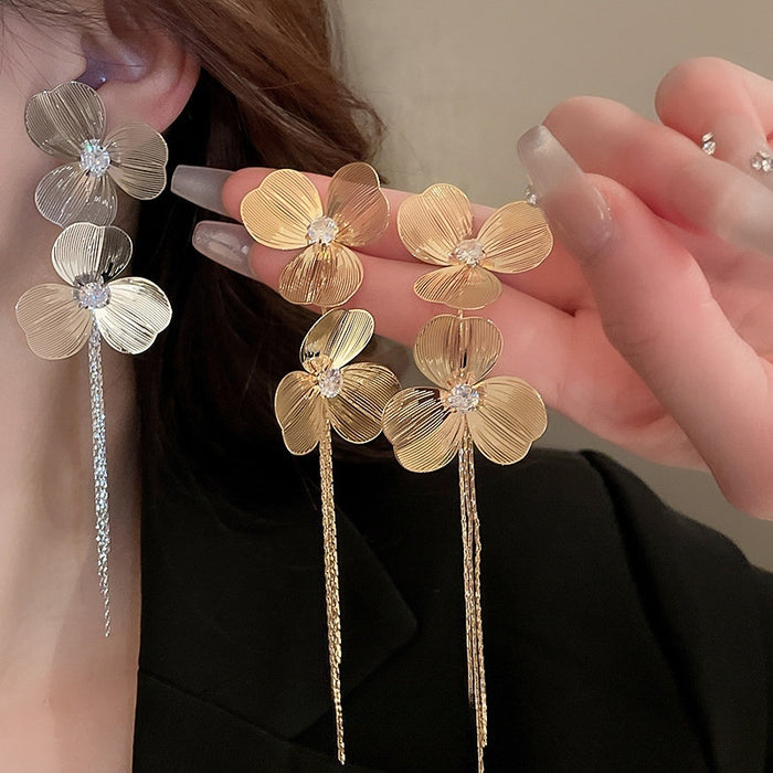 Real Gold Plated Floral Tassel Drop Earrings With Silver Needle Chic Metal Statement Jewelry