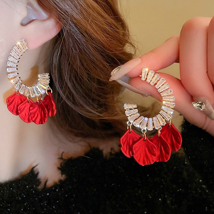 Zircon C-Shaped Petal Tassel Drop Earrings Chic Vintage Floral Statement Jewelry For Women
