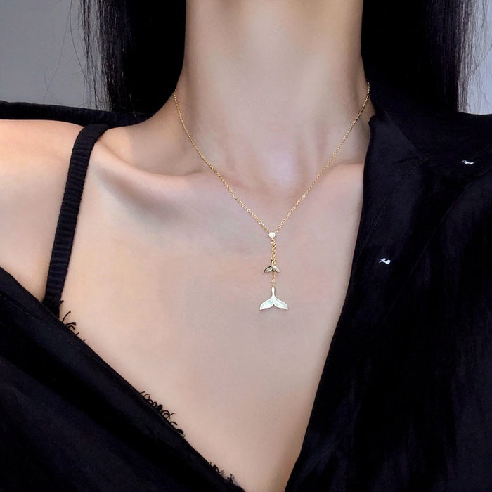 Gold Plated Alloy Double Fishtail Tassel Necklace, Minimalist Light Luxury Choker For Women