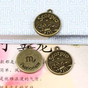 Scorpio Zodiac Round Disc Charms in Three Antique Finishes