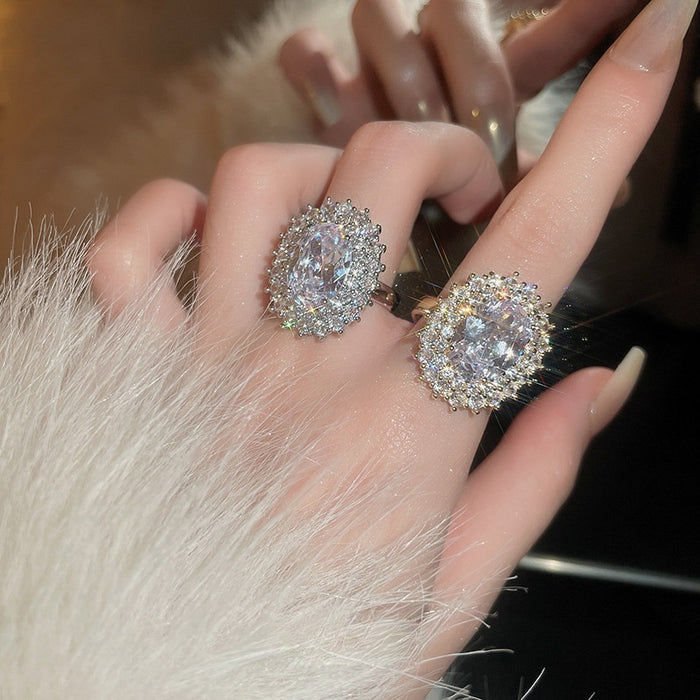 Gold Plated Zircon Oval Open Ring Vintage Palace Style Light Luxury Fashion Jewelry