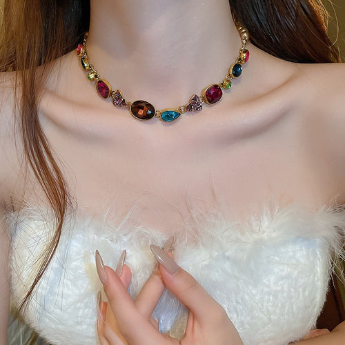 Rhinestone Teardrop Faux Pearl Flower Necklace, Light Luxury Versatile Vintage Style Choker