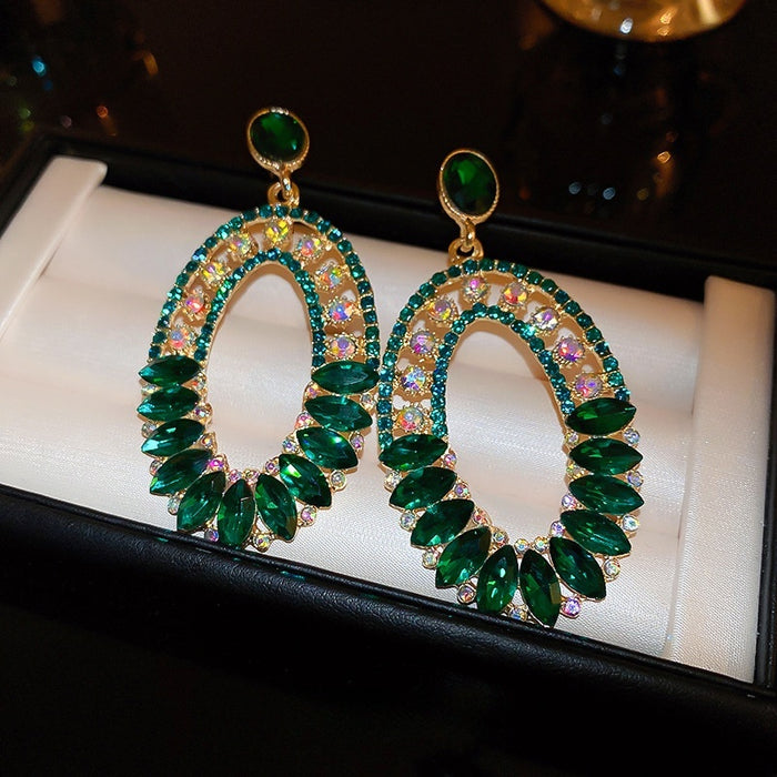 Rhinestone Geometric Oval French Court Style Chic Silver Needle Drop Earrings, Elegant High-End Fashion Jewelry