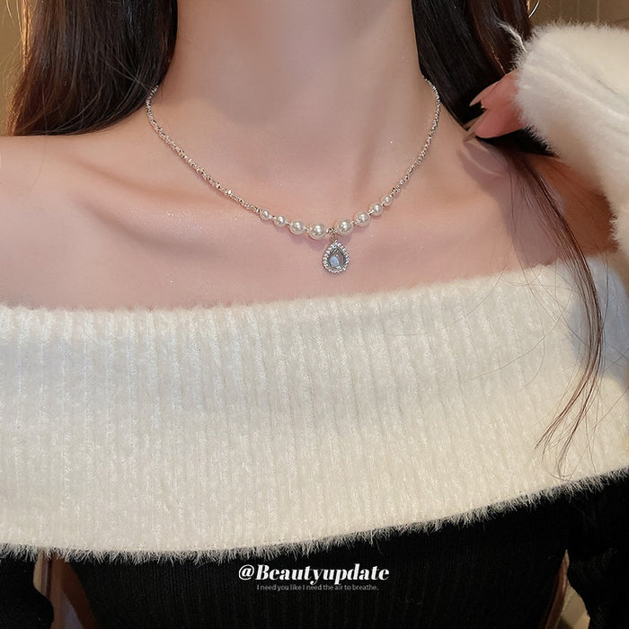 Light Luxury French Teardrop Faux Pearl Zircon Necklace Hepburn Style Clavicle Choker
