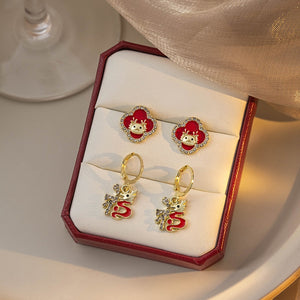 Luxury Chinese Zodiac Dragon Year Red Enamel Rhinestone Gold Alloy Hoop Stud Drop Earrings