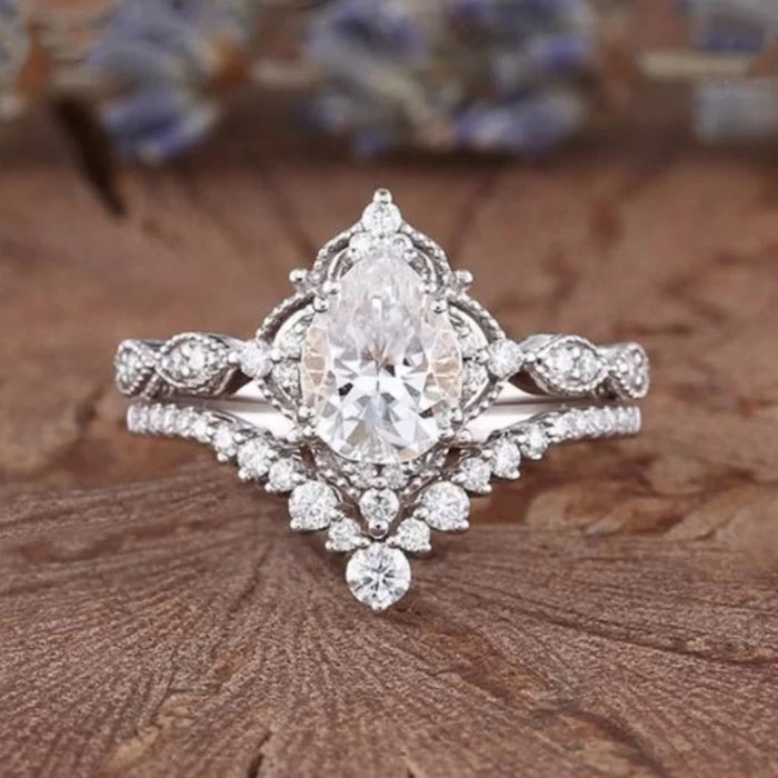 European Couple Matching Ring Set For Women, Teardrop Lace Crown Stackable Finger Jewelry