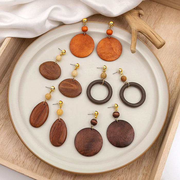 Vintage Bohemian Geometric Wooden Round Disc And Hollow Hoop Alloy Stud Dangle Statement Earrings