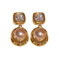 Real Gold Plated Copper Geometric Zircon Pearl Drop Earrings With Silver Pins French Chic Design view 5