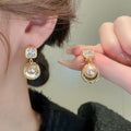 Real Gold Plated Copper Geometric Zircon Pearl Drop Earrings With Silver Pins French Chic Design view 1