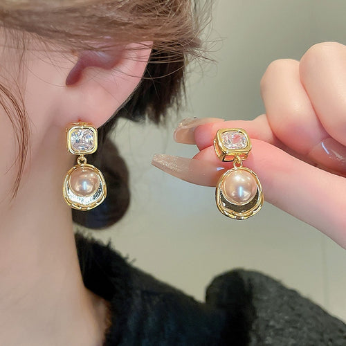 Real Gold Plated Copper Geometric Zircon Pearl Drop Earrings With Silver Pins French Chic Design