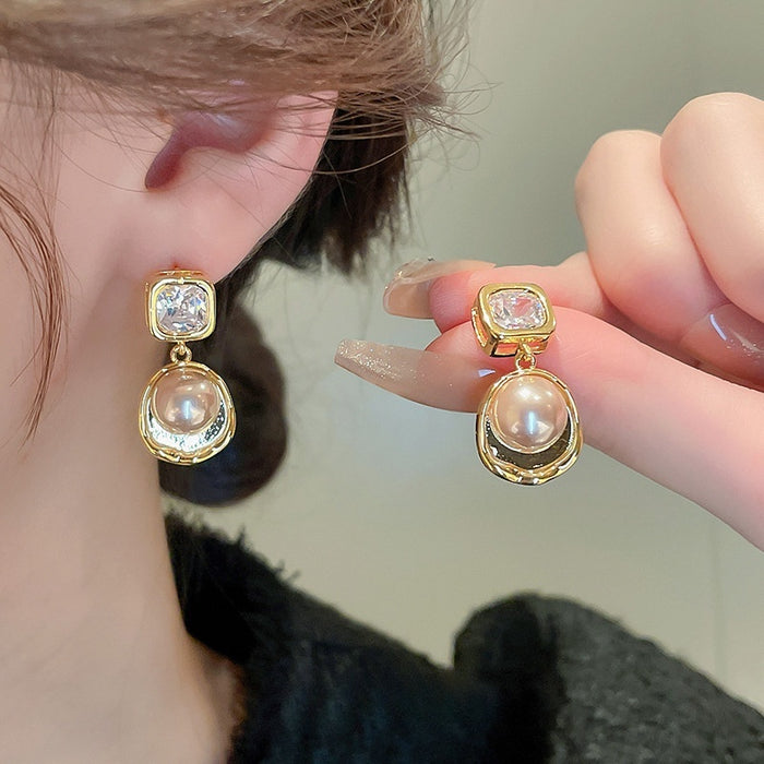 Real Gold Plated Copper Geometric Zircon Pearl Drop Earrings With Silver Pins French Chic Design