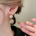 Real Gold Plated Copper Geometric Zircon Pearl Drop Earrings With Silver Pins French Chic Design view 3