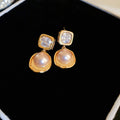 Real Gold Plated Copper Geometric Zircon Pearl Drop Earrings With Silver Pins French Chic Design view 2