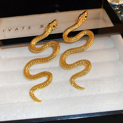 Rhinestone Snake Zodiac Metal Drop Earrings Long Silver Pin Animal Design Fashion OL Style