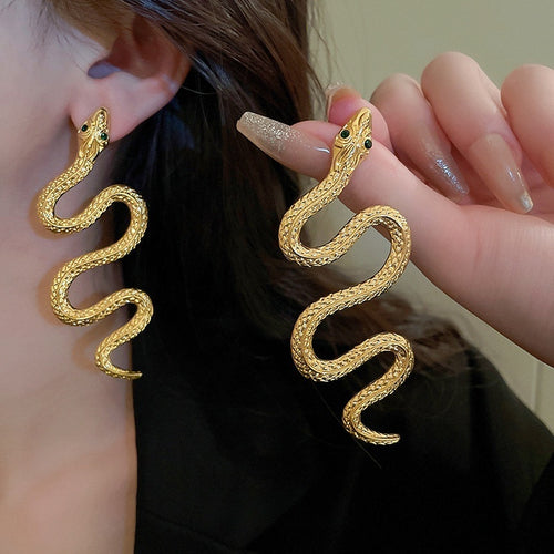Rhinestone Snake Zodiac Metal Drop Earrings Long Silver Pin Animal Design Fashion OL Style