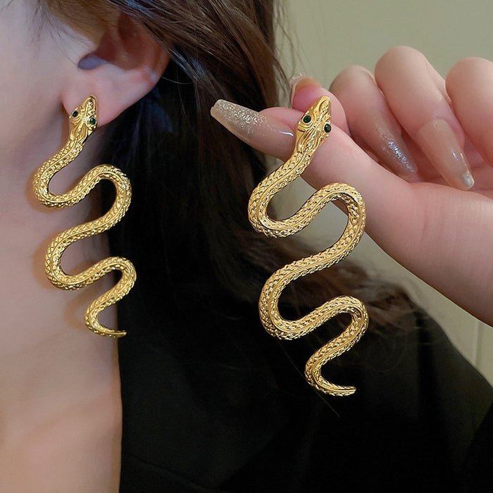 Rhinestone Snake Zodiac Metal Drop Earrings Long Silver Pin Animal Design Fashion OL Style