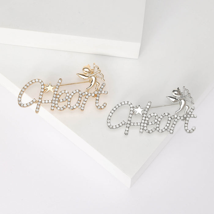 Rhinestone Alloy Letter Brooch Pin With Cute Angel Detail