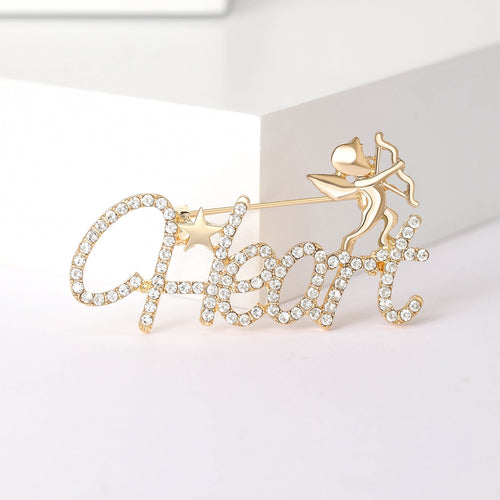 Rhinestone Alloy Letter Brooch Pin With Cute Angel Detail