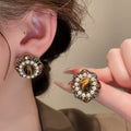 Vintage French Palace Style Stud Earrings With Silver Pins, Rhinestone Pearl And Faux Tiger Eye view 2