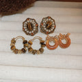 Vintage French Palace Style Stud Earrings With Silver Pins, Rhinestone Pearl And Faux Tiger Eye view 1