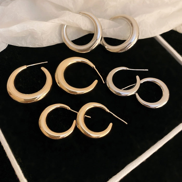 Chic Geometric C Shape Metal Hoop Earrings With Silver Post Heavy Design For Women