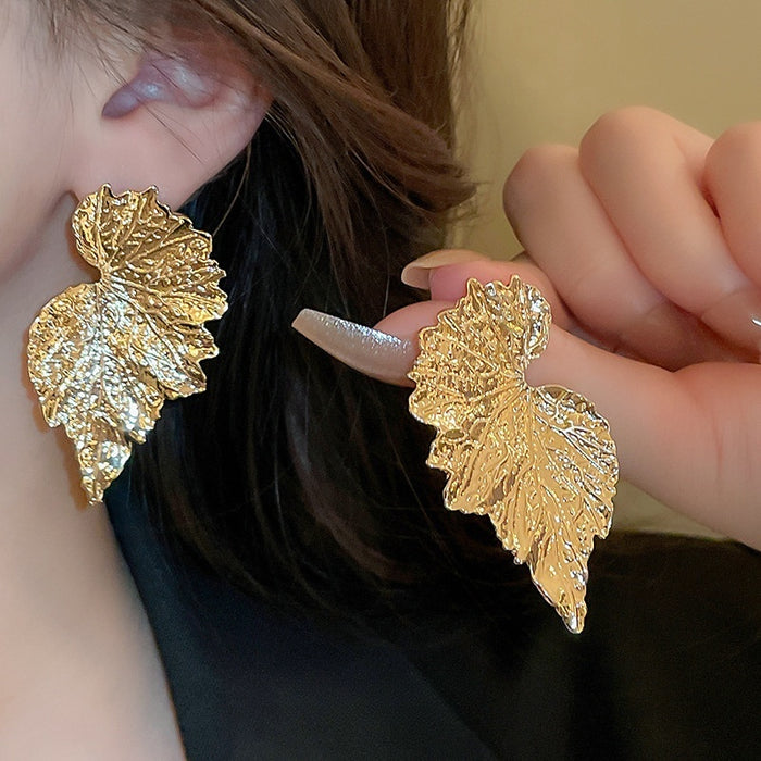 Metal Leaf Drop Earrings With Silver Pins, Statement Minimalist European Style Ear Jewelry
