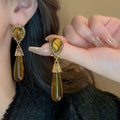 Vintage Resin Teardrop Drop Earrings With Rhinestone Inlay And Silver Pin Long Dangle Style view 2