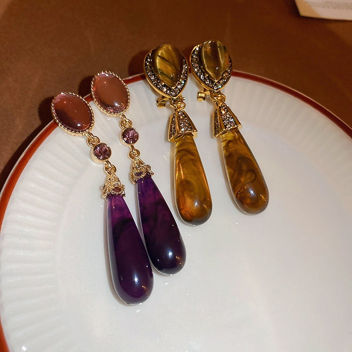 Vintage Resin Teardrop Drop Earrings With Rhinestone Inlay And Silver Pin Long Dangle Style