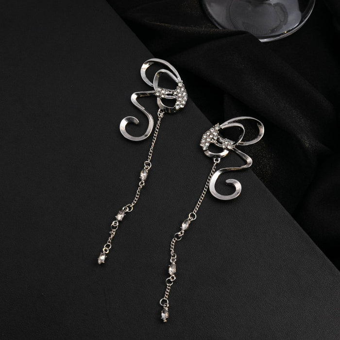 Luxury Silver Alloy Rhinestone Butterfly Ribbon Long Tassel Chain Dangle Drop Statement Earrings