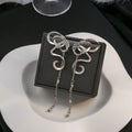Luxury Silver Alloy Rhinestone Butterfly Ribbon Long Tassel Chain Dangle Drop Statement Earrings view 3