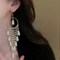 Copper Pearl Geometric Teardrop Tassel Drop Earrings Long Hook Statement Jewelry view 3
