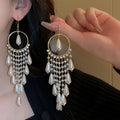 Copper Pearl Geometric Teardrop Tassel Drop Earrings Long Hook Statement Jewelry view 1