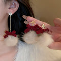 Sweet Bow Pom Pom Tassel Drop Earrings Alloy Christmas Style Silver Needle Ear Jewelry view 2