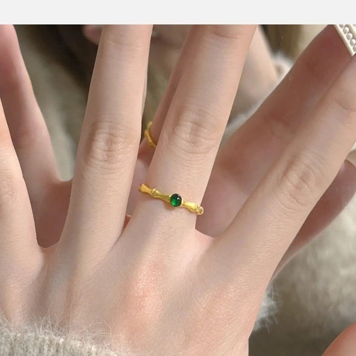 Copper Bamboo Joint Open Ring With Rhinestone New Chinese Geometric Ethnic Style Index Finger Jewelry