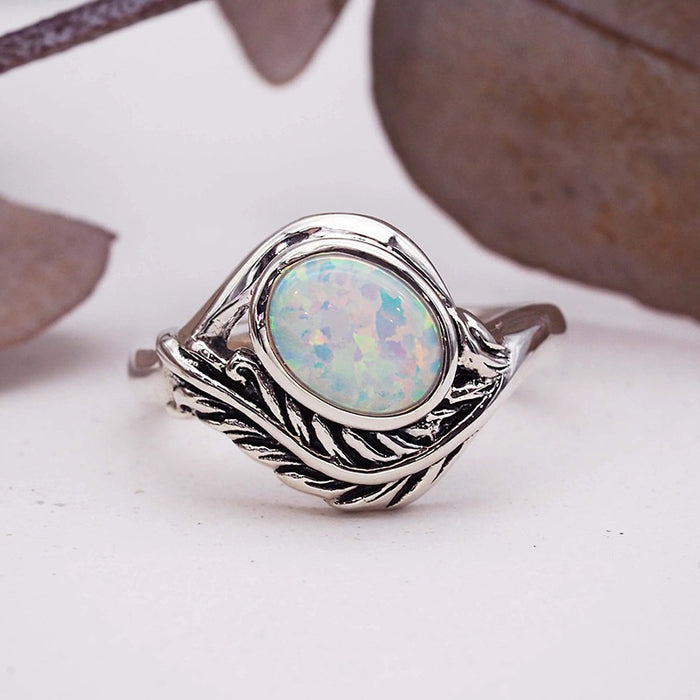 European Tree Branch Leaf Women's Ring With Geometric Inlaid Faux Opal Night Market Jewelry