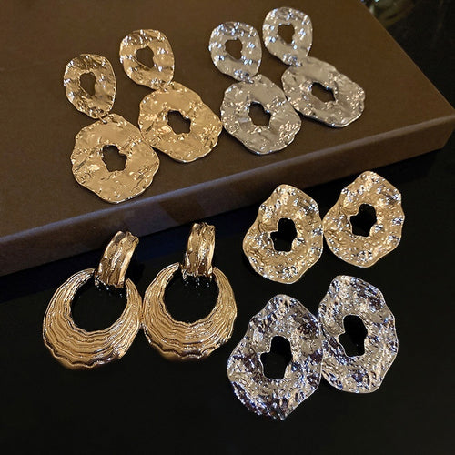 Light Luxury Metal Textured Geometric Round Drop Earrings For Women, Retro Statement Style