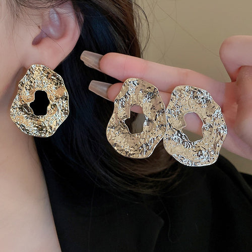 Light Luxury Metal Textured Geometric Round Drop Earrings For Women, Retro Statement Style