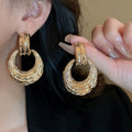 Light Luxury Metal Textured Geometric Round Drop Earrings For Women, Retro Statement Style view 4