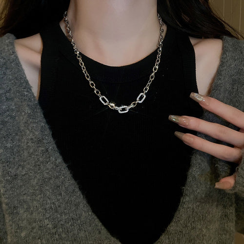 Zircon Accent Geometric Ring Metal Sweater Necklace Minimalist Chic Clavicle Chain Jewelry