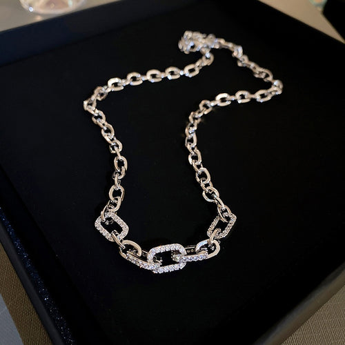 Zircon Accent Geometric Ring Metal Sweater Necklace Minimalist Chic Clavicle Chain Jewelry