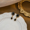 Vintage Palace Style Black Oval Zircon Rhinestone Sunburst With Teardrop Pendant Dangle Earrings view 2