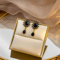 Vintage Palace Style Black Oval Zircon Rhinestone Sunburst With Teardrop Pendant Dangle Earrings view 1