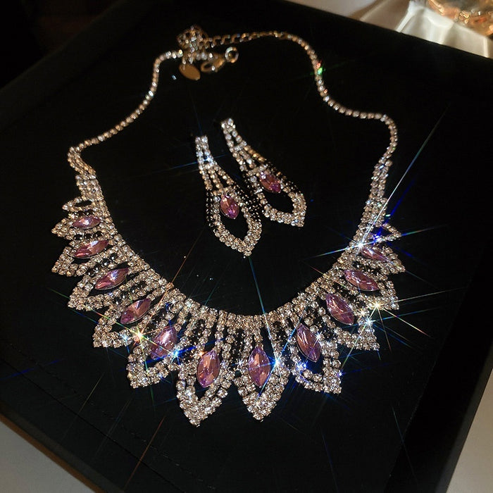 Light Luxury Copper Rhinestone Tassel Geometric Necklace Earring Jewelry Set