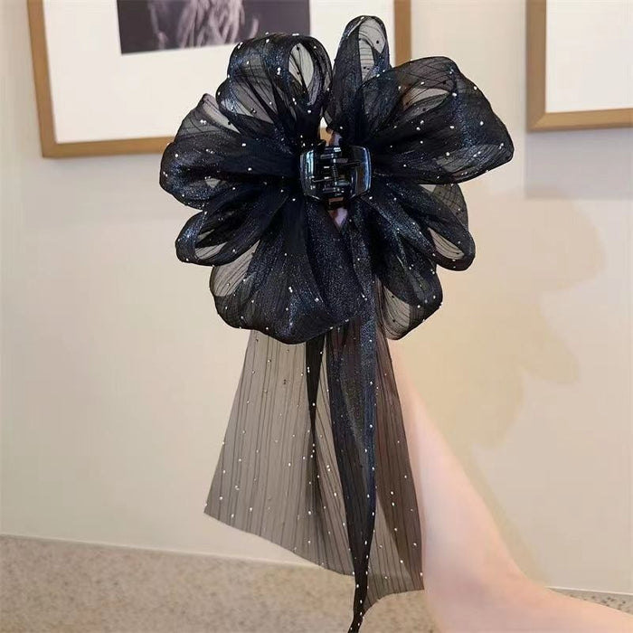 Mesh Polka Dot Bow Claw Clip With Long Streamers